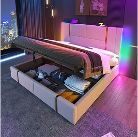 Łóżko ze skrzynią 140x200 cm w lnianym beżu, z LED RGB i ładowaniem USB/Type-C, stelaż drewniany