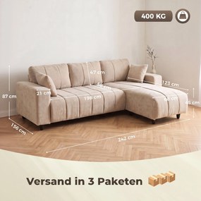 HOMCOM Narożnik w kształcie L z elastycznym szezlongiem, 3-osobowa sofa z 2 poduszkami, stalowy stelaż, do salonu, beżowy | Aosom PL