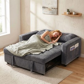 HOMCOM Sofa-łóżko 2-osobowa, pokrycie ze sztruksu, przekształcalna w sofę rozkładaną, 2 poduszki, kieszenie boczne, 157 x 190 cm, ciemnoszara | Aosom PL
