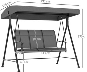Outsunny Huśtawka Ogrodowa 3-osobowa z Regulowanym Dachem Szara | Aosom PL