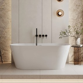 Wanna wolnostojąca przyścienna  z konglomeratu beżowa matowa/błyszcząca 160 x 75 cm WALL Beige Matt / Glow przelew typu SLIM : Kolor wanny - Biały połysk