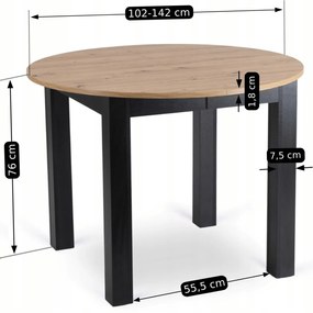 Stół Okrągły Rozkładany HARRY 102-142 cm Dąb Artisan/Czarny Nowoczesny