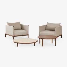 Zestaw Do Salonu Z 2 Fotelami I 2 Okrągłymi Stolikami Kawowymi Z Drewna Akacjowego Olivia Kremowa Semoline - Ciemny Akacjowy Brąz - Sklum