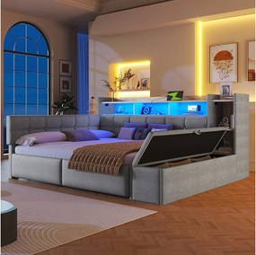Sofa dziecięca rozkładana - 140 x 190 cm - z 2 szufladami + porty USB i Type-C + półka + ławka ze schowkiem + diody LED - welur - jasnoszary