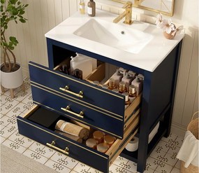 Mebel łazienkowy - z ceramiczna umywalką - z 2 szufladami i 1 otwartą przegródką - niebieski​ (bateria nie jest wliczona w cenę)