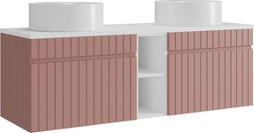 Wisząca, prążkowana szafka łazienkowa z wnękami i podwójną, okrągłą umywalką nablatową – Różowa – L140 cm – SATARA