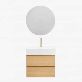 Zestaw Wiszących Mebli Łazienkowych Z Drewna I Forniru Jesionowego Zintegrowany Z Umywalką Ona Naturalna & Okrągła - Sklum