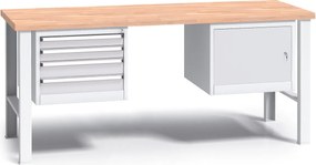 Profesjonalny stół warsztatowy G3 z drewnianym blatem roboczym, 2000 mm, 1x 4 szufladowy kontener, 1x szafka, szary
