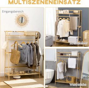 HOMCOM Wieszak z bambusa, 2 haczyki, drążek, 2 półki, 114 x 40 x 139 cm