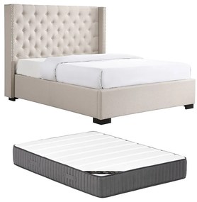 Łóżko 160 x 200 cm z pikowanym zagłówkiem - Tkanina - Beżowy + Materac - MASSIMO
