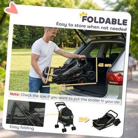 PawHut Wózek składany dla psa z poduszką, okienkami z siatki, uchwytem na napój, obracalne kółka 360° dla małych psów do 10 kg szary | Aosom PL