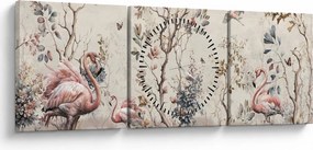 Obraz - Rysunek flamingów (z zegarem) (90x30 cm)