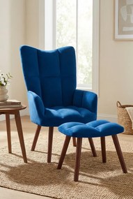 Niebieski tapicerowany fotel wypoczynkowy z podnóżkiem K6-K15