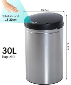 HOMCOM Kosz na Śmieci Automatyczny Stalowy 30L Czarno-Srebrny 30,5x51,5cm Elegancki i Funkcjonalny | Aosom PL