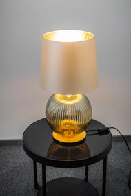 Lampa stołowa do salonu z abażurem - Hamilton – szkło ryflowane dymione, abażur beżowy środek złoty