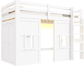 Łóżko piętrowe dla dzieci - 90 x 200 cm - z wbudowaną szafą + 2 okna + LED - MDF + drewno - białe