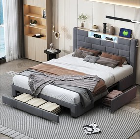 Łóżko Podwójne 160x200 cm Szary Welur z LED RGB w Zagłówku, Porty USB i 3 Szuflady do Przechowywania Nowoczesne