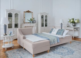 Narożnik rozkładany do salonu Notting Hill, z pojemnikami na pościel. Tkanina Matt Velvet odporna na wchłanianie płynów, kolor beżowy, błękitny, z kedrą.