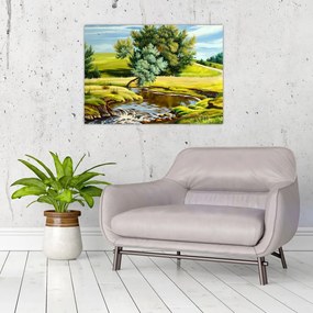 Obraz na szkle - rzeka między łąkami, obraz olejny (70x50 cm)