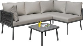 Zestaw mebli ogrodowych z kutego żelaza - 4 miejsca - narożna sofa zewnętrzna z poduszkami - 2 sofy i 1 stolik kawowy - dekoracja pleciona z liny - Szary