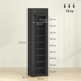 HOMCOM Regał na buty z metalu z materiałowym pokryciem chroniącym przed kurzem, do 20 par butów, 45 x 30 x 175 cm, Czarny | Aosom PL