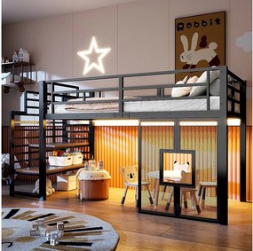 Metalowe łóżko piętrowe dla dzieci - 90 x 200 cm - ze schodami + schowkiem + diodami LED + oknami - czarne