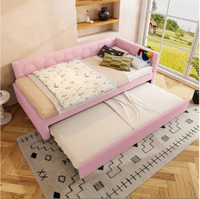 Łóżko wysuwane 90 x 200 cm - łóżko dziecięce z ładowarką USB i lampką nocną - różowy aksamit - bez materaca