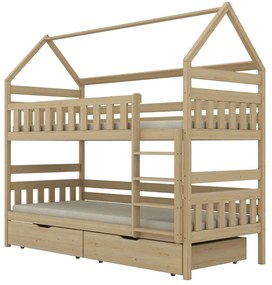 Łóżko piętrowe domek FELIKS 180x90 sosna lakierowana drewniane z szufladami KOCOT KIDS