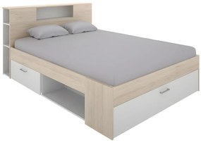 Łóżko z zagłówkiem, miejscem do przechowywania i szufladami – 160 × 200 cm – kolor biały i naturalny - LEANDRE