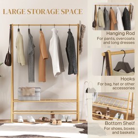 HOMCOM Wieszak na Ubrania z Bambusa z Półką na Buty i Hakami, Wolnostojący, do Przedpokoju, Sypialni, Drewno Naturalne