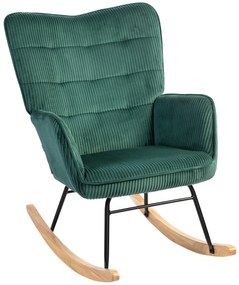 HOMCOM Fotel bujany, Płózki z drewna bukowego, Grube tapicerowanie, Ciemnozielony, do 120 kg