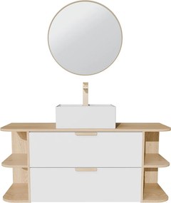 Wisząca szafka łazienkowa z wnękami, nablatową umywalką kwadratową, baterią i lustrem – Biały i jasny naturalny – szer. 120 cm – AVORELI