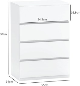 HOMCOM Komoda z 4 szufladami, biała, 55 x 33 x 80 cm, szafka biurowa z zabezpieczonymi uchwytami, do salonu i sypialni