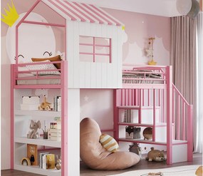 Łóżko na antresoli 90x200 cm - z barierkami bezpieczeństwa - z półkami do przechowywania - z drabiną bezpieczeństwa - Różowy​ (materac nie jest wliczony w cenę)