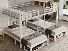 Łóżko piętrowe dziecięce 90x200cm + 140x200cm - może pomieścić 3 osoby - z otwartymi półkami, półką na buty i drabinką - Biały (bez materaca)