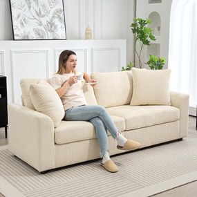 HOMCOM Sofa 3-osobowa z poduszkami dekoracyjnymi, Corduroy, do salonu, sypialni, szerokość 212 cm, Kremowa