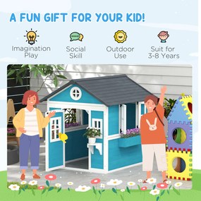 Outsunny Domek Ogrodowy dla Dzieci, Drewniany Domek Zabaw z Oknami, Doniczkami, 3-8 Lat, Niebieski