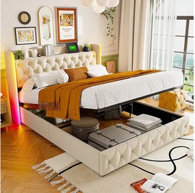 Łóżko z pojemnikiem 140x200 cm i oświetleniem LED RGB – beżowy aksamit – podnoszony stelaż z listew – zintegrowana przestrzeń do przechowywania