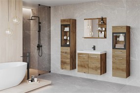 Komplet łazienkowy z LED, wiszące meble z umywalką, 2 słupki i lustro z półkami, kasztan