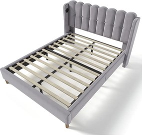 Łóżko dla dorosłych 140x200 cm - z zagłówkiem, portem USB i portem USB typu C, stelażem - len - szare - materac w cenie
