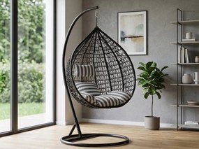 Czarne wiszące krzesło KOKON ze stojakiem, biało-szara poduszka