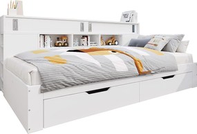 Łóżko-ława 140x200 cm - z 2 szufladami - z półkami i szafkami do przechowywania - MDF - Białe (bez materaca)
