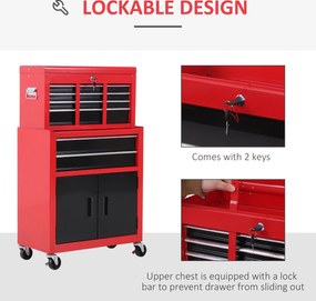 HOMCOM Szafka na narzędzia z skrzynką, na kółkach, 6 szuflad, Metal, Czerwona