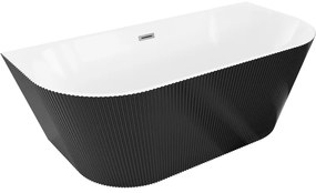 Mexen Oris wanna wolnostojąca przyścienna ryflowana 150 x 75 cm, biała/czarna, przelew gun metal - 52871507575-95