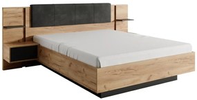 Łóżko z szafkami nocnymi 140 x 190 cm - Z oświetleniem LED - Naturalny i antracytowy + Stelaż + Materac - ELYNIA