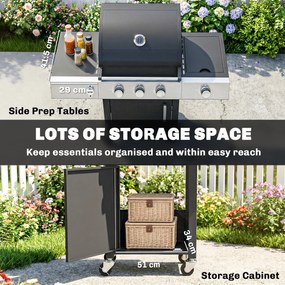 Outsunny Grill gazowy 10,5 kW 3+1 palniki BBQ wózek stal nierdzewna z bocznym palnikiem, otwieraczem do butelek i termometrem | Aosom PL