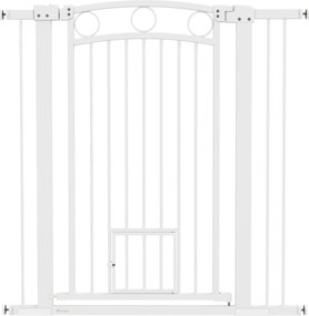 PawHut 106 cm Wysoka Bramka dla Zwierząt z Regulacją Szerokości, Wbudowane Drzwiczki dla Kota, dla Schodów i Drzwi, Biała