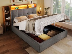 Tapicerowane łóżko z pojemnikiem 90x200 cm - z USB Type-C - oświetlenie LED - len - szary (materac nie jest wliczony w cenę)