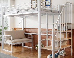 Łóżko na antresoli 90 x 200 cm - Konstrukcja metalowa - Z kanapą - Z drabiną - biały​ (materac nie jest wliczony w cenę)