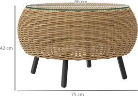 Outsunny Stolik pomocniczy z Polyrattanu okrągły stolik kawowy z blatem szklanym Ø75 x 42 cm Brązowy